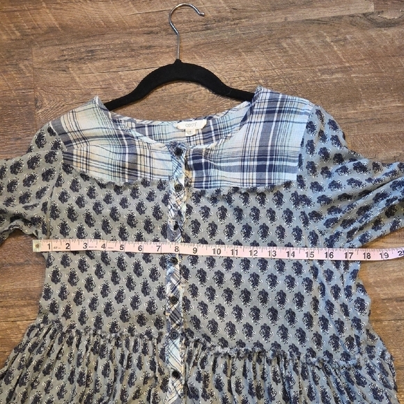 ODDY Tiered Button Down Tunic Raw Edge High Low Hem Gray And Blue Women's Small - Picture 9 of 12